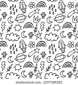 Doodle Nature Weather Seamless Pattern. Organic black outline doodle with different decor element. Vector contemporary playful art. Modern wallpaper. Trendy textile fabric paper for kids