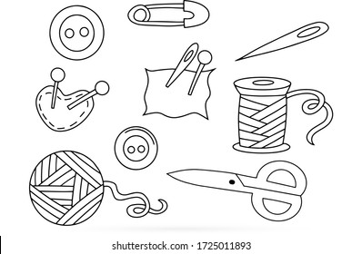 Doodle needle, scissors, button set icon isolated on white. Outline sewing. Hand drawing line art. Sketch vector stock illustration