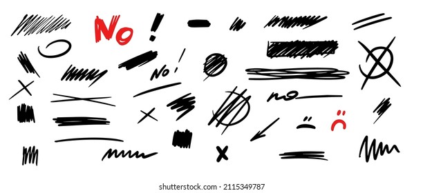 Doodle negative vote  No sign  lines  circle cross black sketch set  Pencil mark vector illustration  Hand drawn simple elements white background  Cool hand drawn graphic print 