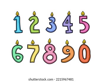 Doodle neon style birthday candle numbers set isolated on white background. Colorful hand drawn candles numbers birthday cake decoration, happy anniversary celebration pack vector illustration.
