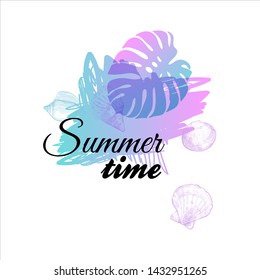 Doodle neon summer time print template on beautiful fluid color spot. Vector illustration with ocean underwater life and monstera palm leaf. Modern trendy design for tee print. Summer time banner