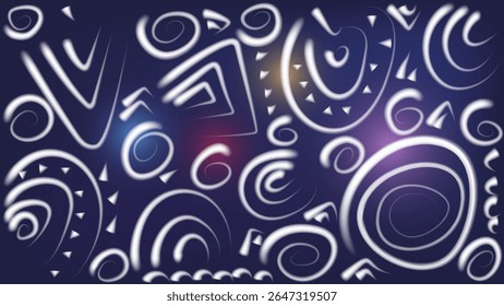 Doodle Neon Swirl  Lines, Blue Abstract Vector Background  
