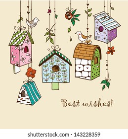 Doodle nesting boxes with birds.