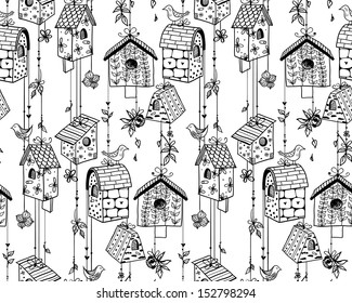 Doodle nesting boxes with birds seamless pattern.