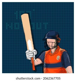 Doodle Netherlands Cricket Batter Raising His Bat And 100 Not Out Font On Blue Grid Background.