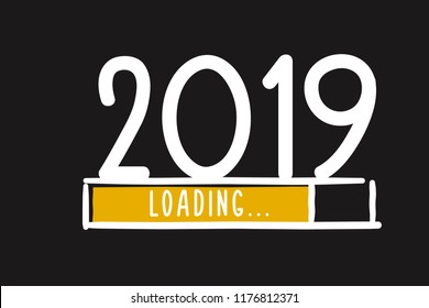 Doodle new year download screen. Progress bar almost reaching new year's eve. Vector illustration with 2019 loading