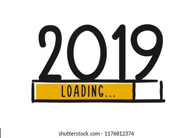 Doodle new year download screen. Progress bar almost reaching new year's eve. Vector illustration with 2019 loading