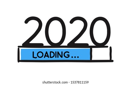 Doodle new year download screen. Blue Progress bar almost reaching new year's eve. Vector illustration with 2020 loading