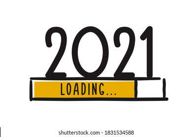 Doodle new year download screen. Progress bar almost reaching new year's eve. Vector illustration with 2021 loading