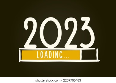 Doodle new year download screen. Progress bar almost reaching new year's eve. Vector illustration with 2023 loading. Happy New Year