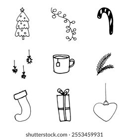 Doodle new year drawing set. Hand drawn ink holiday elements collection.