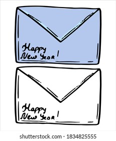 Doodle of new year envelope. Hand drawn vector illustration. Cartoon vintage sketch. Set of black contour and color elements isolated on white. For holiday design, decor, print, card, sticker, poster.