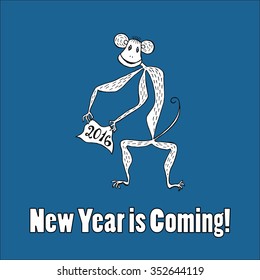 Doodle for New Year. Hand drawn design element. Funny creature holding banner with 2016 digits for holiday project.