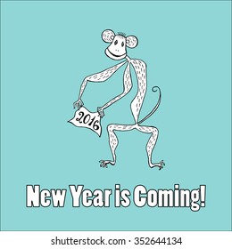 Doodle for New Year. Hand drawn design element. Funny creature holding banner with 2016 digits for holiday project.