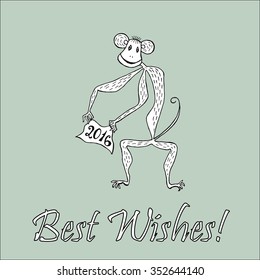 Doodle for New Year. Hand drawn design element. Funny creature holding banner with 2016 digits for holiday project.