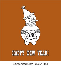 Doodle for New Year. Hand drawn design element. Funny creature holding banner with 2016 digits for holiday project.