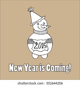 Doodle for New Year. Hand drawn design element. Funny creature holding banner with 2016 digits for holiday project.