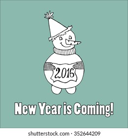 Doodle for New Year. Hand drawn design element. Funny creature holding banner with 2016 digits for holiday project.