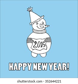 Doodle for New Year. Hand drawn design element. Funny creature holding banner with 2016 digits for holiday project.