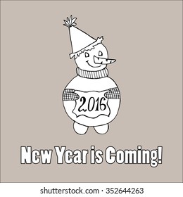 Doodle for New Year. Hand drawn design element. Funny creature holding banner with 2016 digits for holiday project.