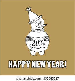 Doodle for New Year. Hand drawn design element. Funny creature holding banner with 2016 digits for holiday project.