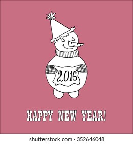 Doodle for New Year. Hand drawn design element. Funny creature holding banner with 2016 digits for holiday project.