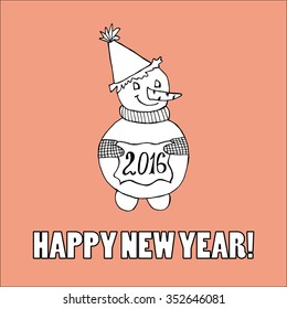 Doodle for New Year. Hand drawn design element. Funny creature holding banner with 2016 digits for holiday project.
