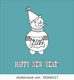 Doodle for New Year. Hand drawn design element. Funny creature holding banner with 2016 digits for holiday project.