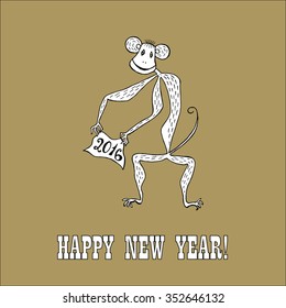 Doodle for New Year. Hand drawn design element. Funny creature holding banner with 2016 digits for holiday project.