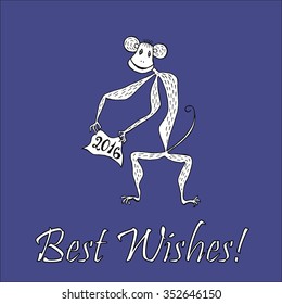 Doodle for New Year. Hand drawn design element. Funny creature holding banner with 2016 digits for holiday project.