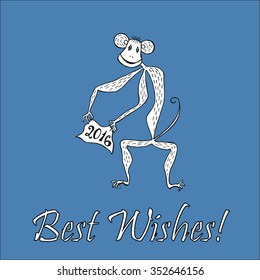 Doodle for New Year. Hand drawn design element. Funny creature holding banner with 2016 digits for holiday project.