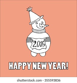 Doodle for New Year. Hand drawn design element. Funny creature holding banner with 2016 digits for holiday project.