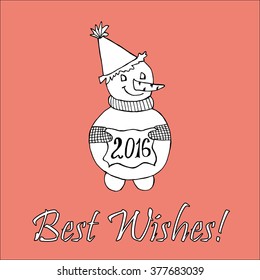 Doodle for New Year. Hand drawn design element. Funny creature holding banner with 2016 digits for holiday project.