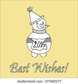 Doodle for New Year. Hand drawn design element. Funny creature holding banner with 2016 digits for holiday project.