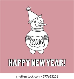 Doodle for New Year. Hand drawn design element. Funny creature holding banner with 2016 digits for holiday project.