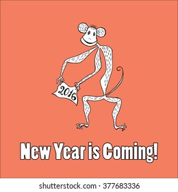 Doodle for New Year. Hand drawn design element. Funny creature holding banner with 2016 digits for holiday project.