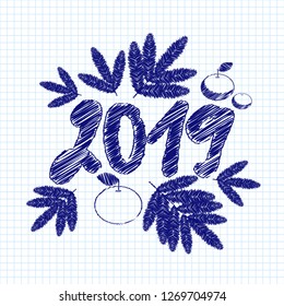 Doodle New Year on a checkered blue background. Blue ink. Careless scratchy pen or pencil doodles. Vector illustration. Can be used for wallpaper, textile, invitation card, wrapping.