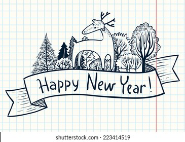 Doodle New Year ribbon banner with deer