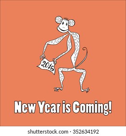 Doodle for New YearHand drown design element. Funny creature holding banner with 2016 digits for holiday project.