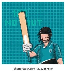 Doodle New Zealand Cricket Batter Player And 100 Not Out Font On Turquoise Grid Background.