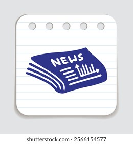 Doodle newspaper icon hand drawn with blue pen on a notepaper in flat style. Vector illustration