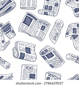 Doodle newspapers seamless pattern. Breaking news, paper information sheets. Magazines and periodic, pressa print template, neoteric vector background