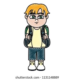 doodle nice boy child with backpack and clothes