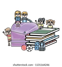 doodle nice children students with school utensils