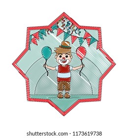 doodle nice clown boy with balloon and party flags inside star