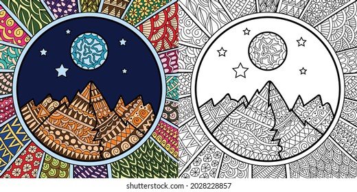 Doodle Night scene nature decorative zen art colouring book page for adults