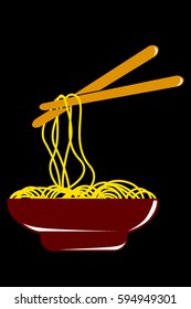 doodle Noodle at bowl and Chopstick, at Black Background