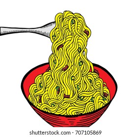 doodle Noodle at bowl. hand drawing