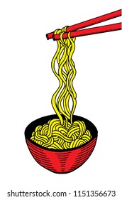 Doodle noodle at bowl and stick. hand drawing