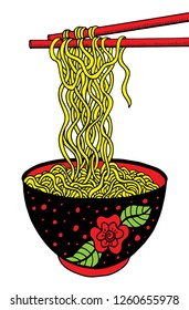Doodle noodle at bowl and stick. hand drawing